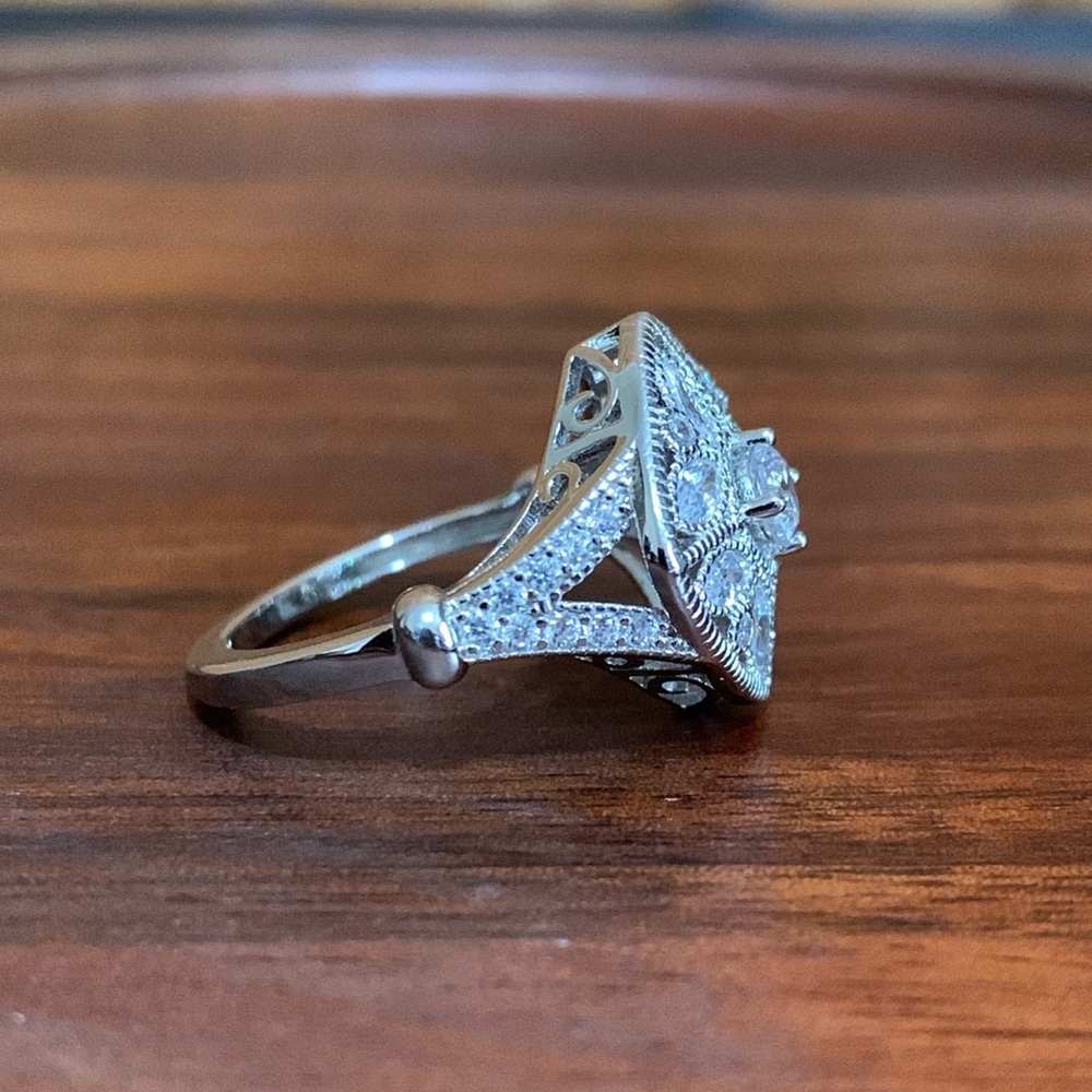 Sterling Silver Blooming Flower Round Cut CZ Ring - Picture 4 of 6